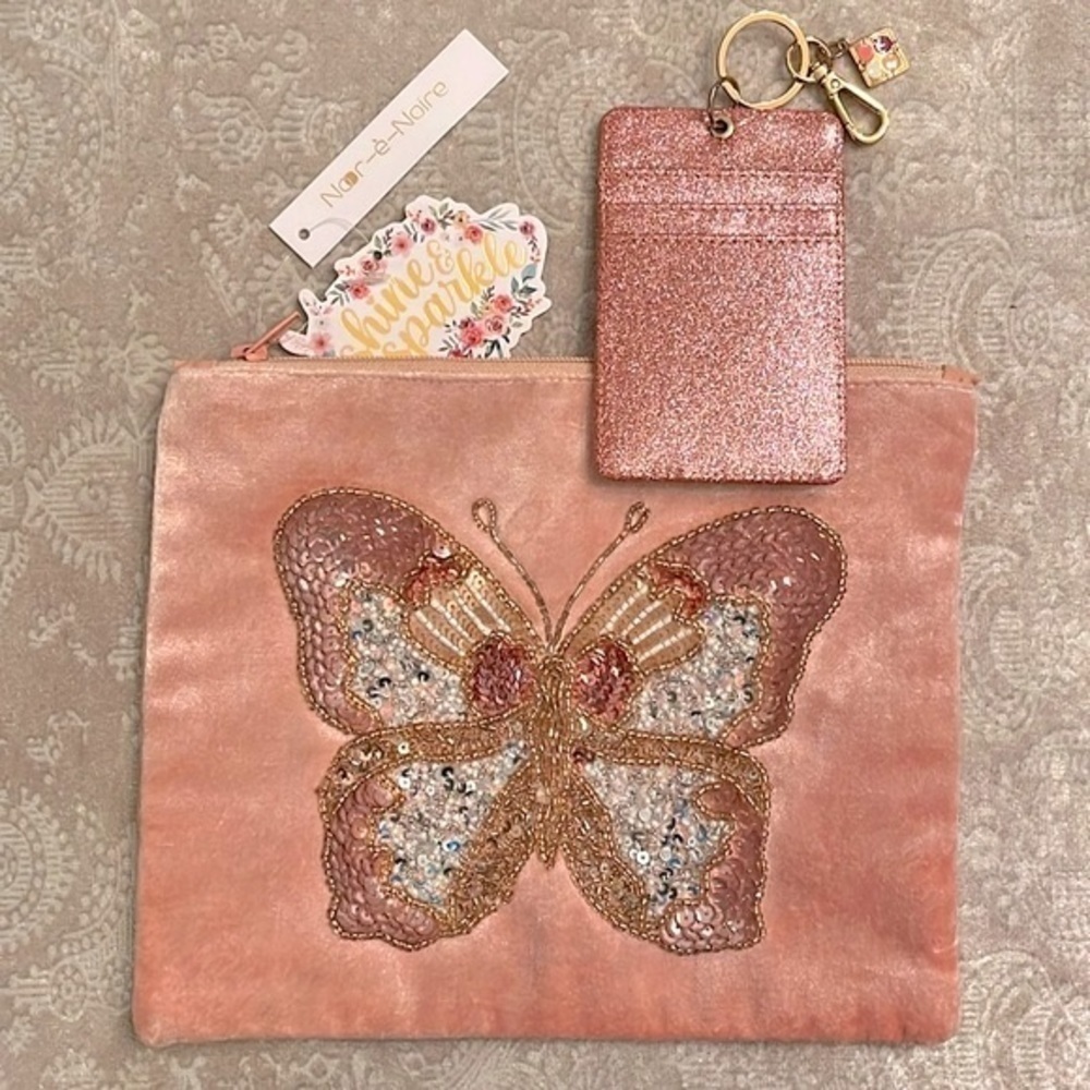 Brand New Set of Velvet Beaded Butterfly Zippered Pouch & Glitter Card Key Case